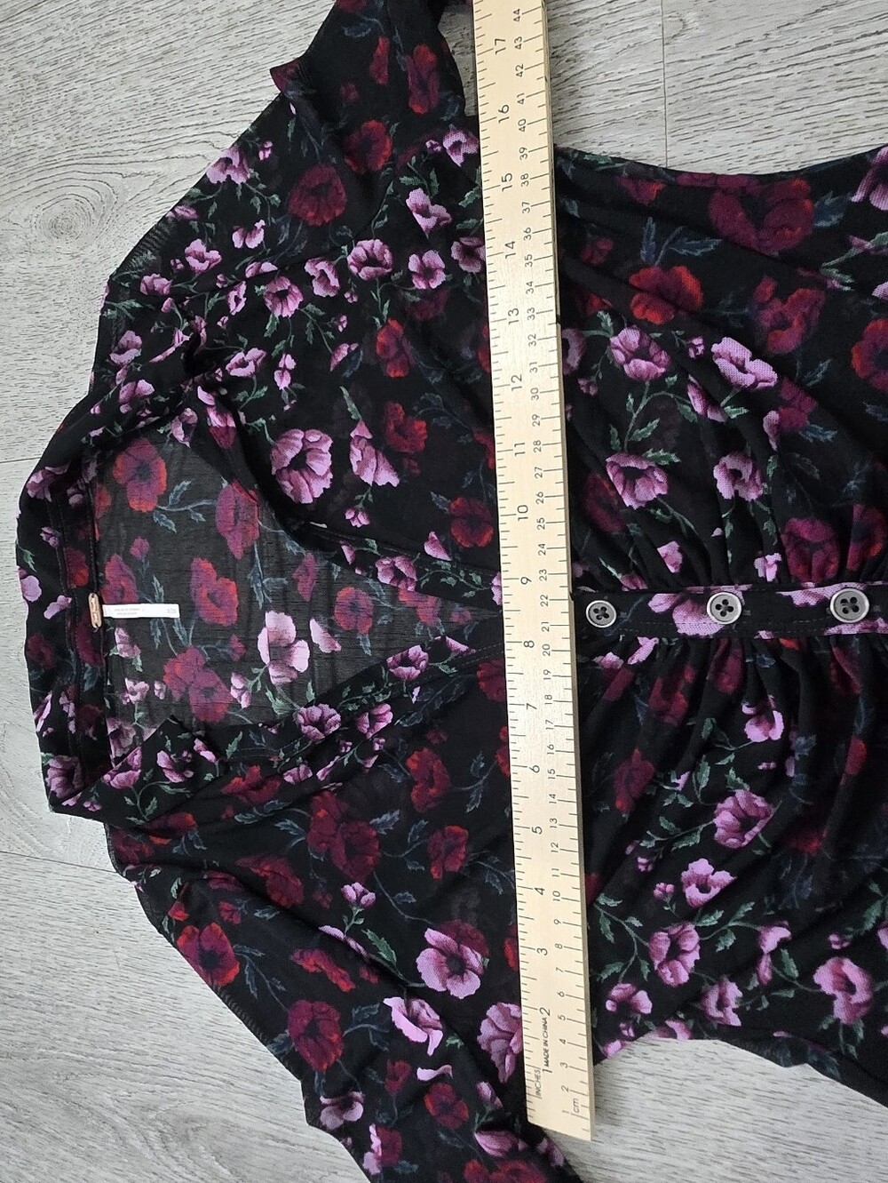 Free People Lucky Shirtee Black Bloom Floral Mesh Ruched Button Front M - Picture 8 of 14